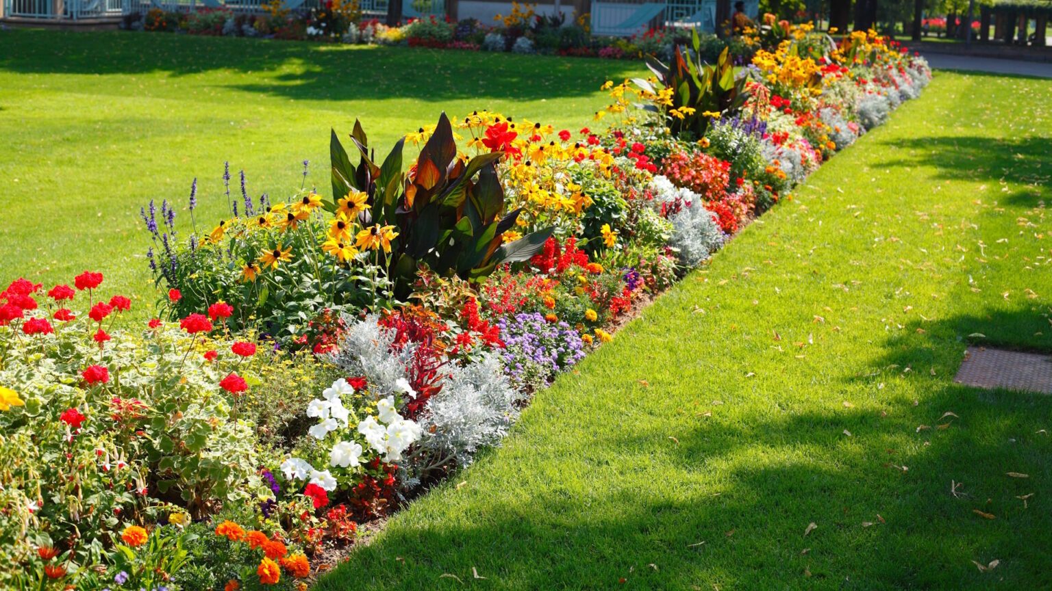 Gepflegte Rasenfläche mit angrenzendem Blumenbeet
